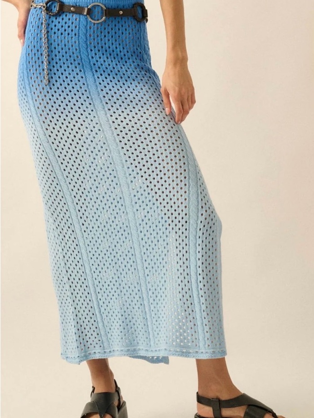 Fade In Ombre Pointelle Crochet-Knit Maxi Skirt